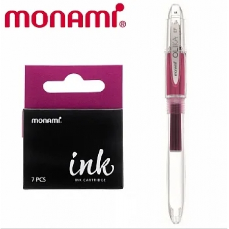 (組合包) MONAMI OLIKA EF 透明細字鋼筆+卡式墨水 紅紫